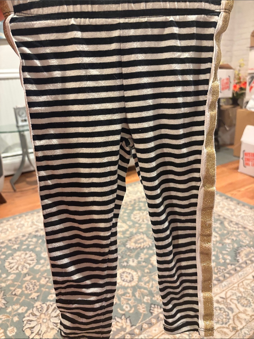 Juicy Couture Black & White Striped Leggings with Gold Side Stripe